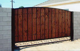 RV Arch Wood Privacy Gate with scrolls Designs